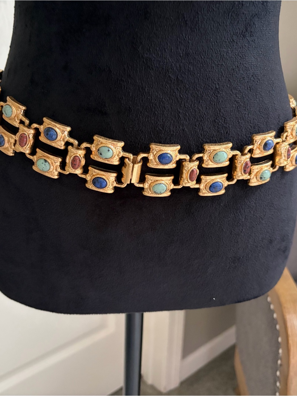 Zara Gold Tone Link Waist Belt with Blue, Teal & Maroon Stones